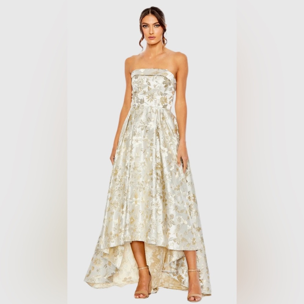 NWT IEENA FOR MAC DUGGAL SZ 10 WHITE/GOLD STRAPLESS BROCADE FLORAL DRESS #49619 - Picture 1 of 9
